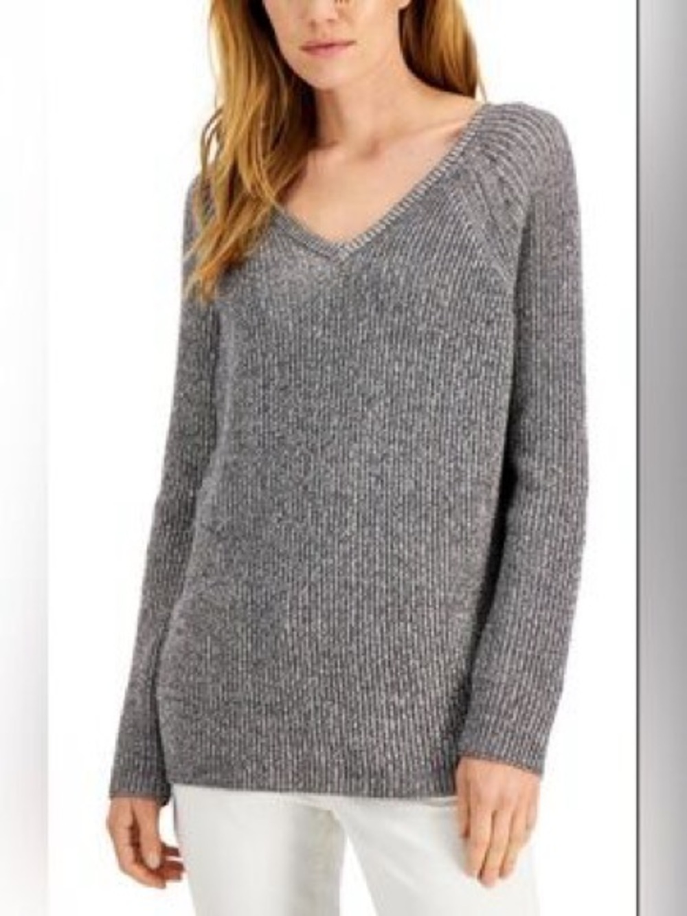Eileen Fisher Grey Marl Textured Knit V-Neck Sweater Cozy Minimalist Medium